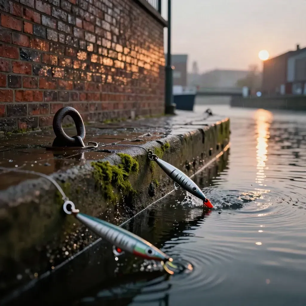 Écluse de briques à Lille sous pluie fine, leurre argenté et reflets de lampadaire sur eau sombre.