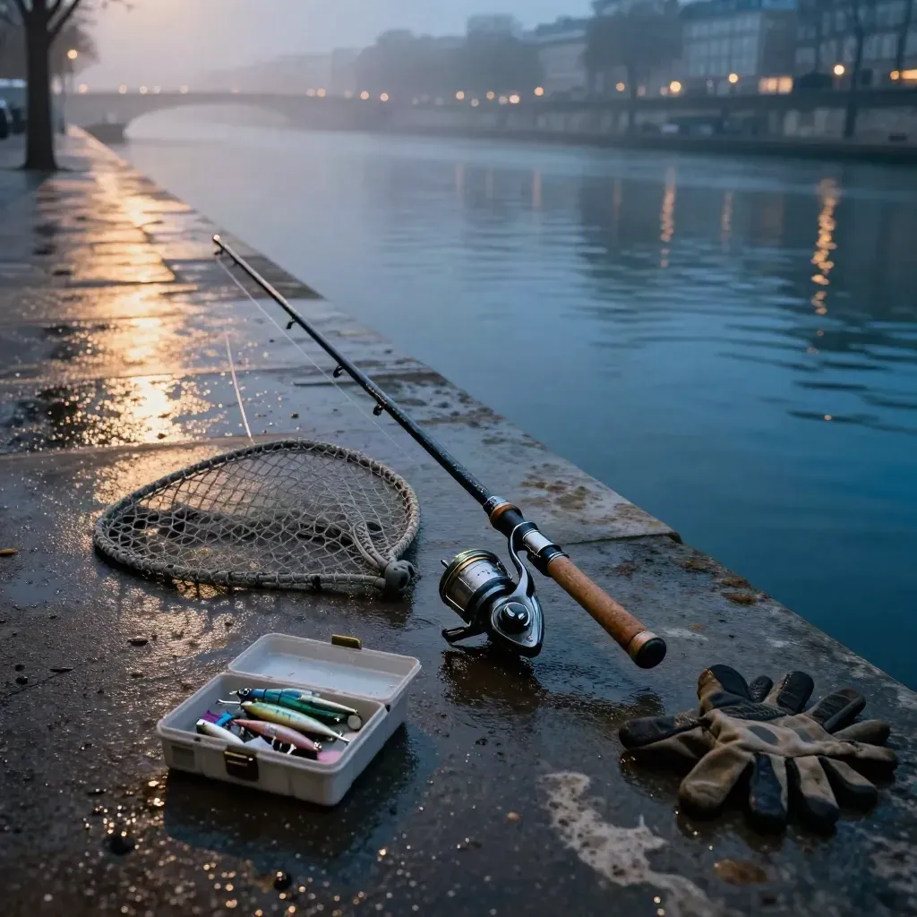 Canne, moulinet et épuisette sur un quai parisien mouillé, au bord du canal, après l’averse.