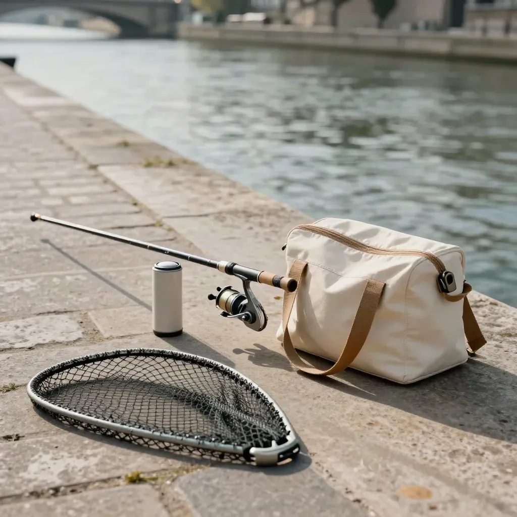Kit de pêche débutant sur un quai parisien, canne télescopique, moulinet et épuisette.