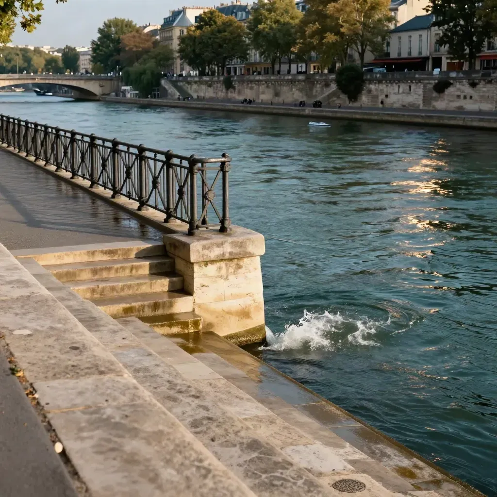 Rive gauche de la Seine, balustrade en fer, remous et ligne de pêche au crépuscule.