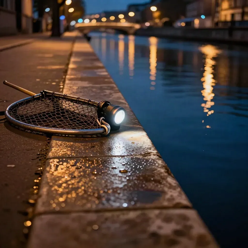 Bord de canal de nuit avec lampe frontale posée, épuisette pliée et reflets de lampadaires.