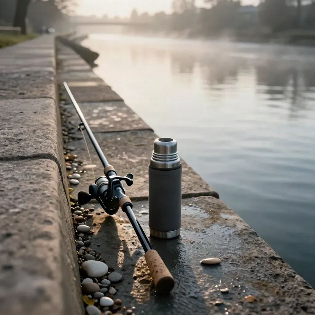 Quai calme à l’aube, canne posée, thermos et eau lisse dans une brume légère.