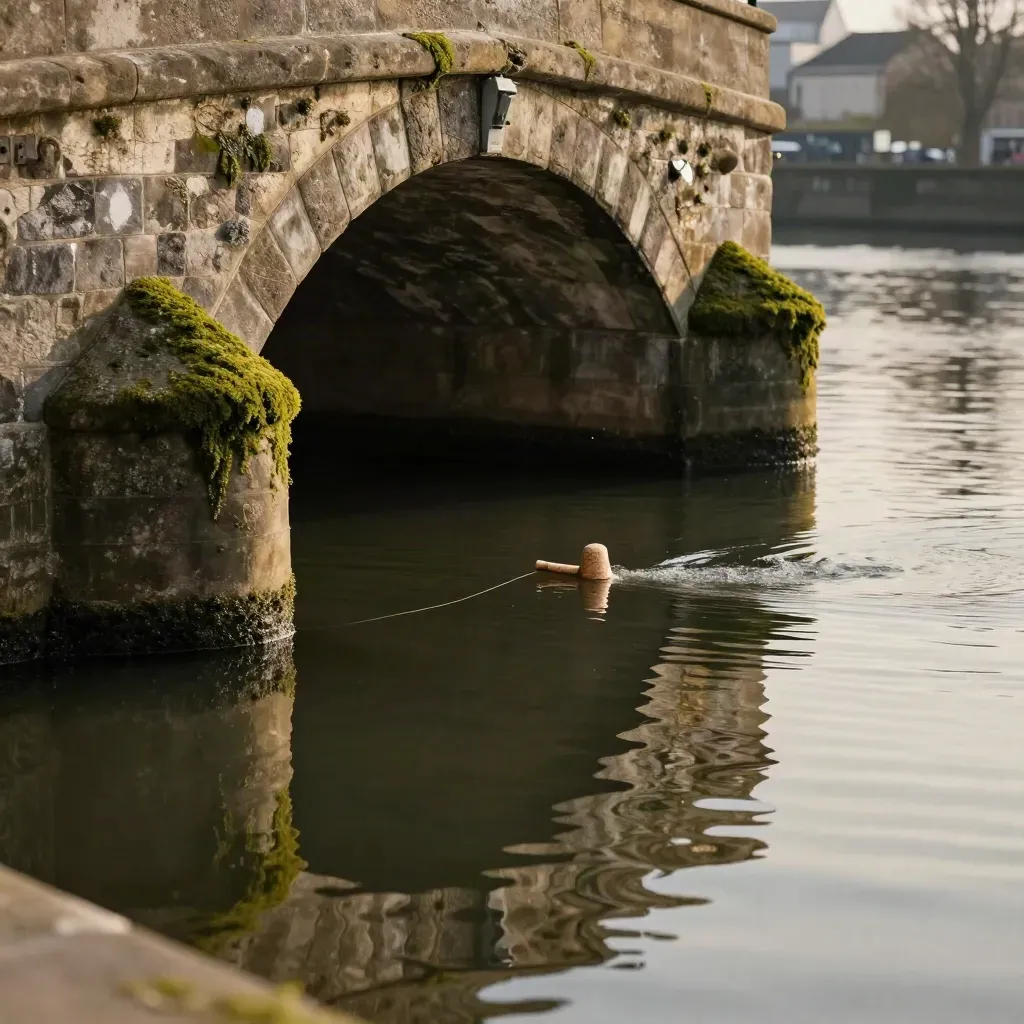 Pont de pierre, flotteur discret et éclaboussures fines au fil du courant sombre.