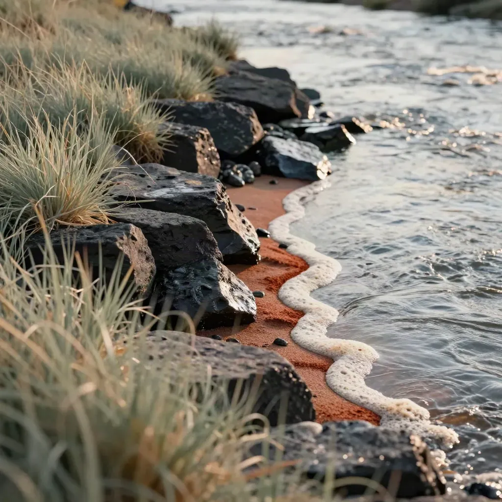 Berge de rivière en courant, rochers sombres et herbes couchées sous la lumière de l’après-midi.