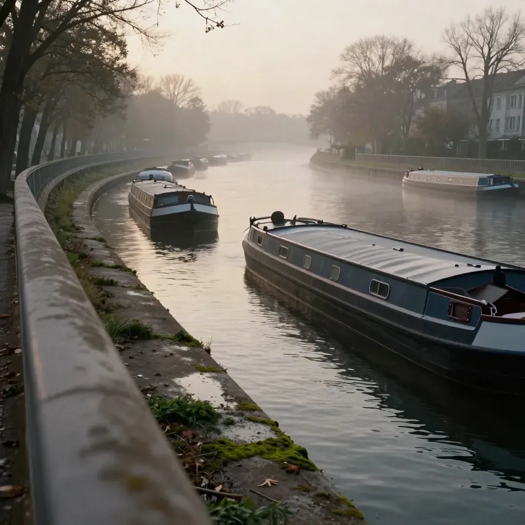 Canal de l’Ourcq à l’aube, péniches immobiles, brume légère et eau sombre vue d’un pont.