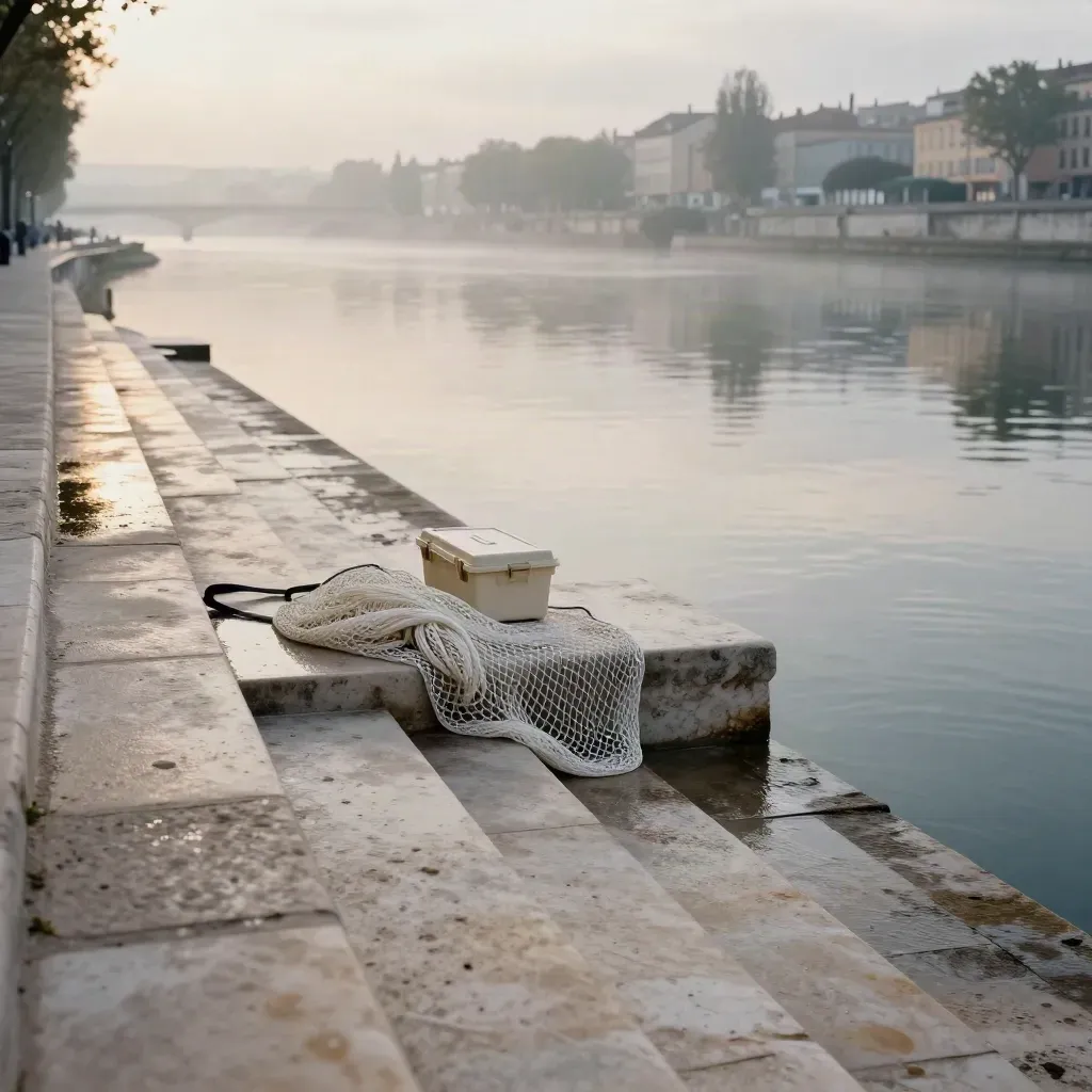 Marches de pierre sur la Saône à Lyon, eau satinée et reflet de façade claire.