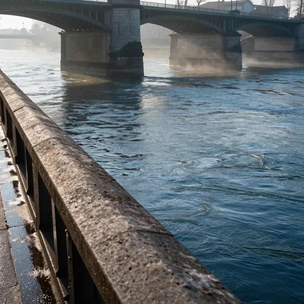 Quais du Rhône au matin, garde-corps, piles de pont et eau vive dans une légère vapeur.