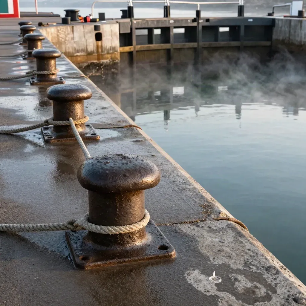 Quai de port urbain, bollards et écluse fermée, eau froide et humidité en diagonale.