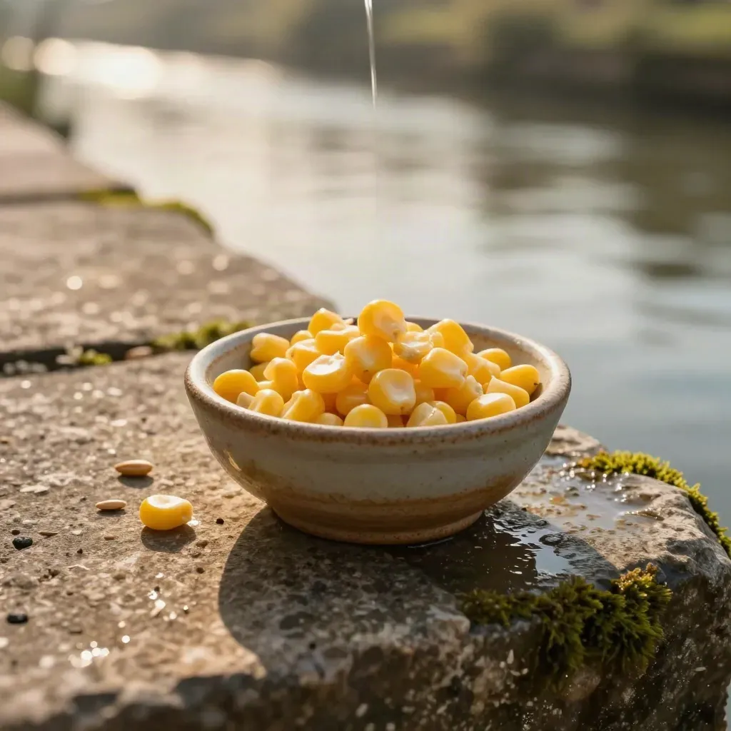 Appâts pain et maïs dans une coupelle au bord d’un canal calme.