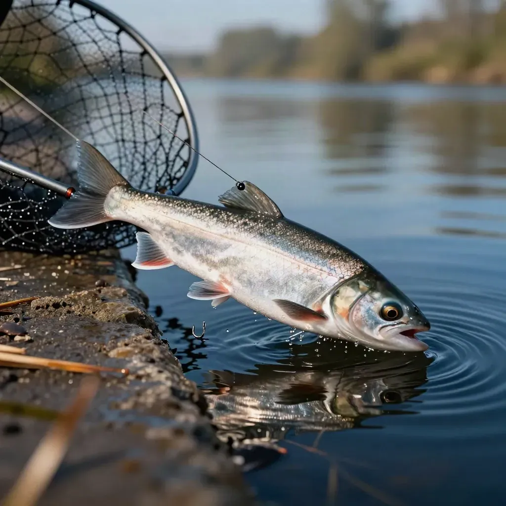 Gros plan d’un poisson argenté libéré du filet, au ras de l’eau, avec gouttes et courant.
