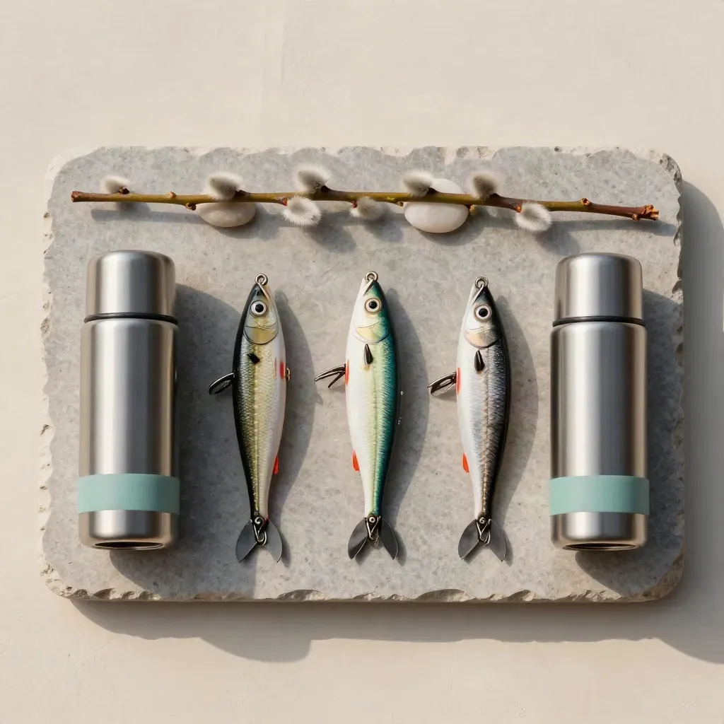 Vue de dessus d’un calendrier saisonnier de pêche avec leurres, thermos, saule et galet.