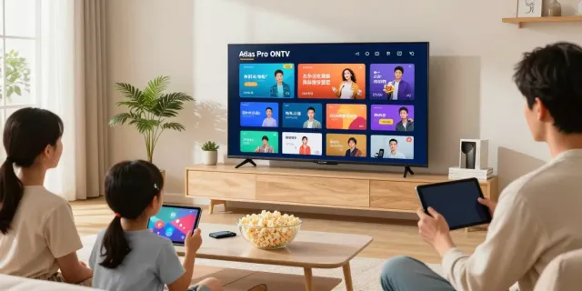 Famille profitant d'Atlas Pro ONTV avec une télévision connectée.